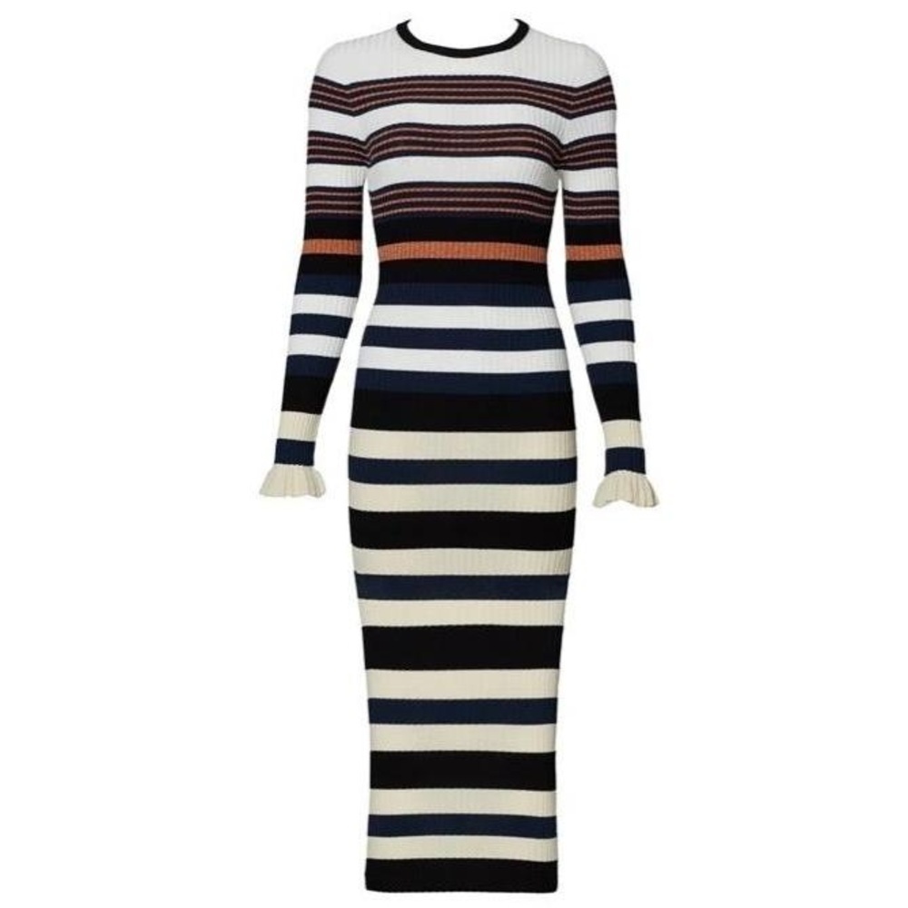 Opening Ceremony Stripe Ribbed Knit Bodycon Midi Long Sleeve Ruffled size M EUC